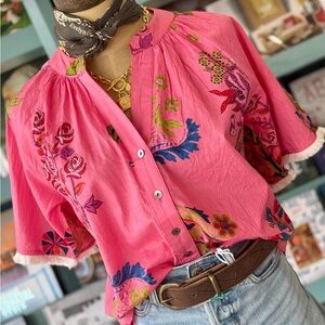 THML Block Print Floral Remie Button Down Blouse Top